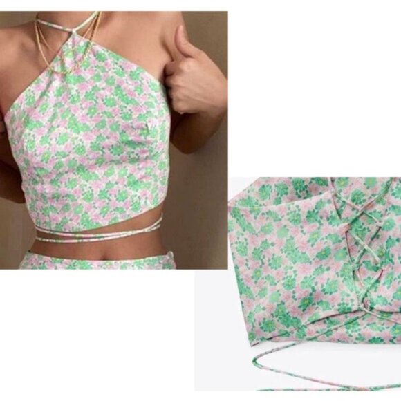 Zara pink green floral flower print halter crop top open back lace up L Summer - Picture 2 of 10